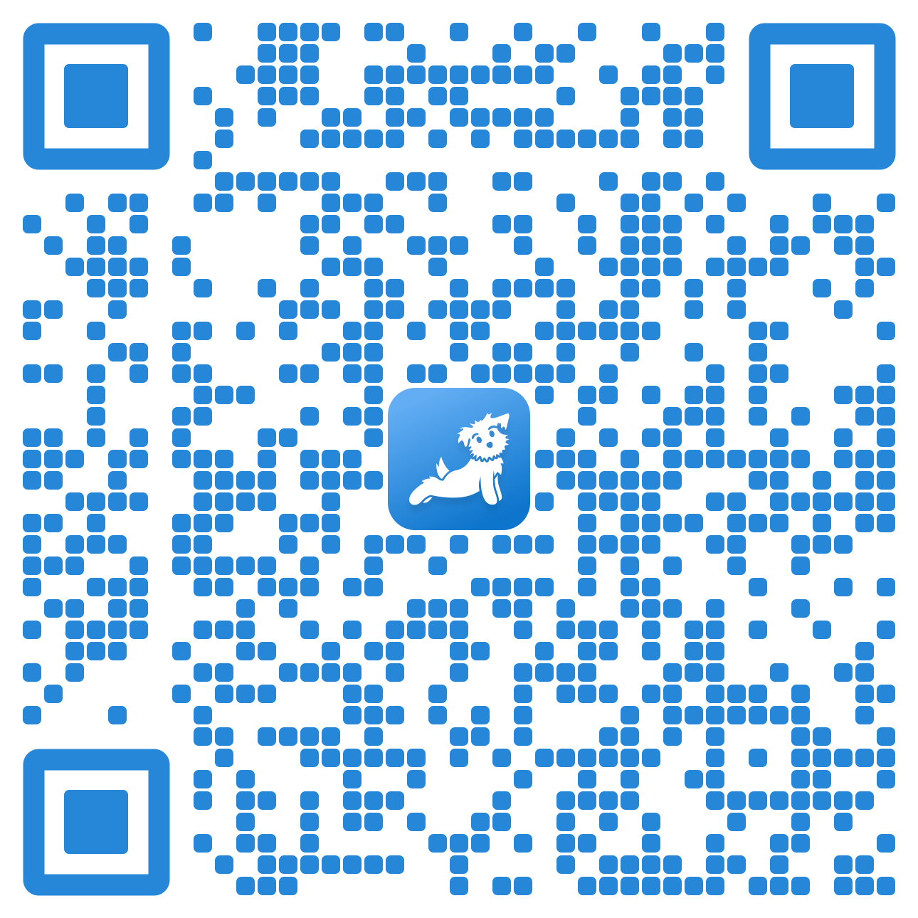 Blue Down Dog QR code with the Yoga app icon, linking to the Down Dog homepage